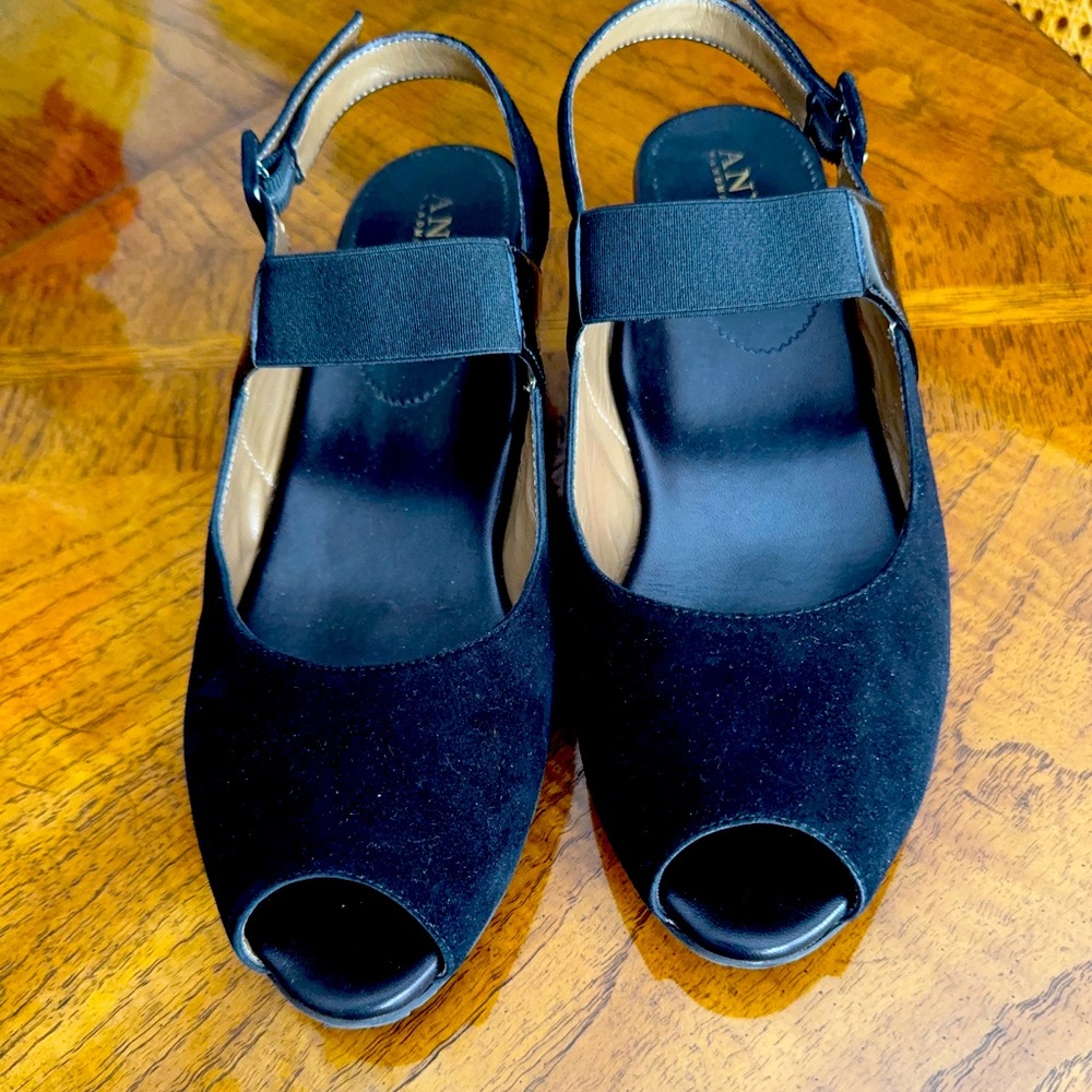Anyi Lu black suede sling back sandal with peep toe